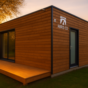 Studio de jardin sur mesure en bois intégré dans un jardin suisse avec terrasse en bois et environnement naturel