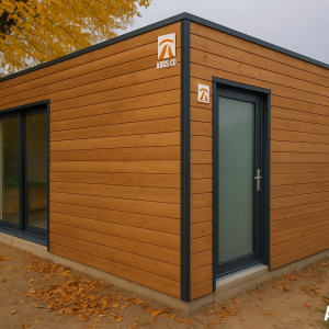 Garage en bois moderne intégré dans un jardin résidentiel en Belgique, vue extérieure à la lumière du jour