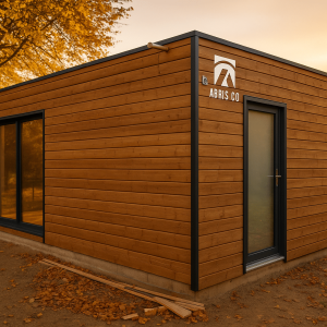 Studio de jardin en kit ossature bois installé dans un jardin avec éclairage doux du soir, valorisant la finition bois naturelle et l’intégration paysagère