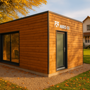 Garage bois en kit monté dans un jardin français avec bardage moderne et finition soignée