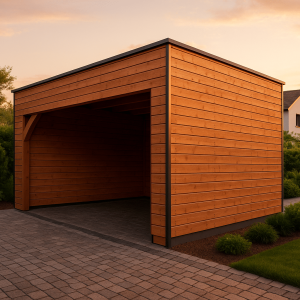 Carport moderne en bois dans un jardin contemporain avec finitions soignées et éclairage naturel au coucher du soleil