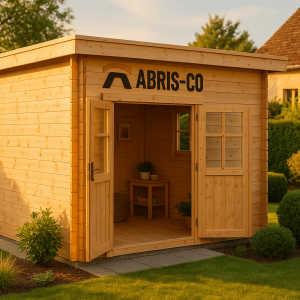 Abri de jardin en bois installé dans un jardin sous lumière douce, finition soignée et intégration paysagère harmonieuse
