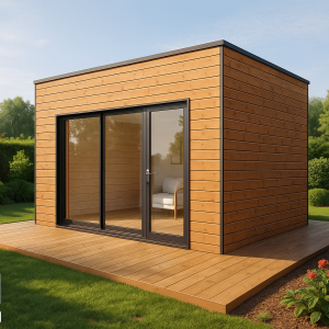 Abri de jardin contemporain en ossature bois avec bardage naturel et toiture plate, situé dans un jardin moderne et aménagé en Franche-Comté.