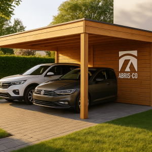 Carport bois moderne en kit, installé dans un jardin contemporain, avec véhicule protégé sous un toit plat en bois naturel